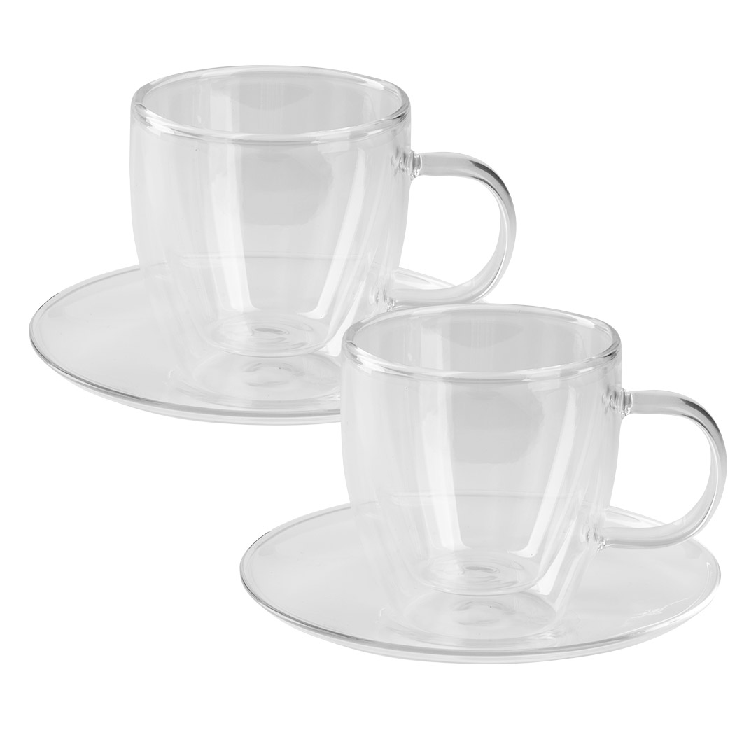 Set od dve staklene šolje sa tacnama za cappuccino sa dvostrukim zidom, 2 x 150 ml