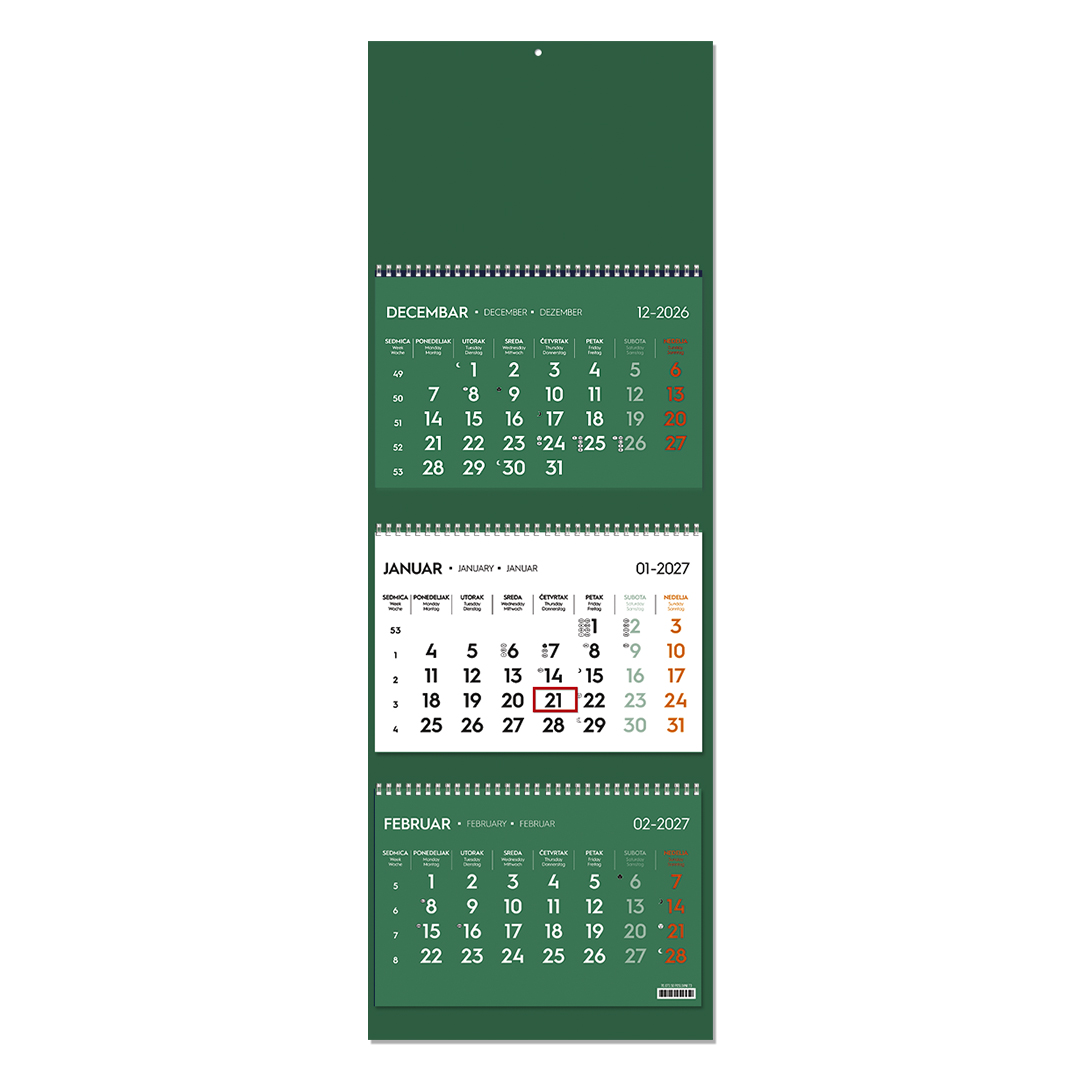 Zidni kalendar: 3 x 12 listova, tromesečni, trodelni